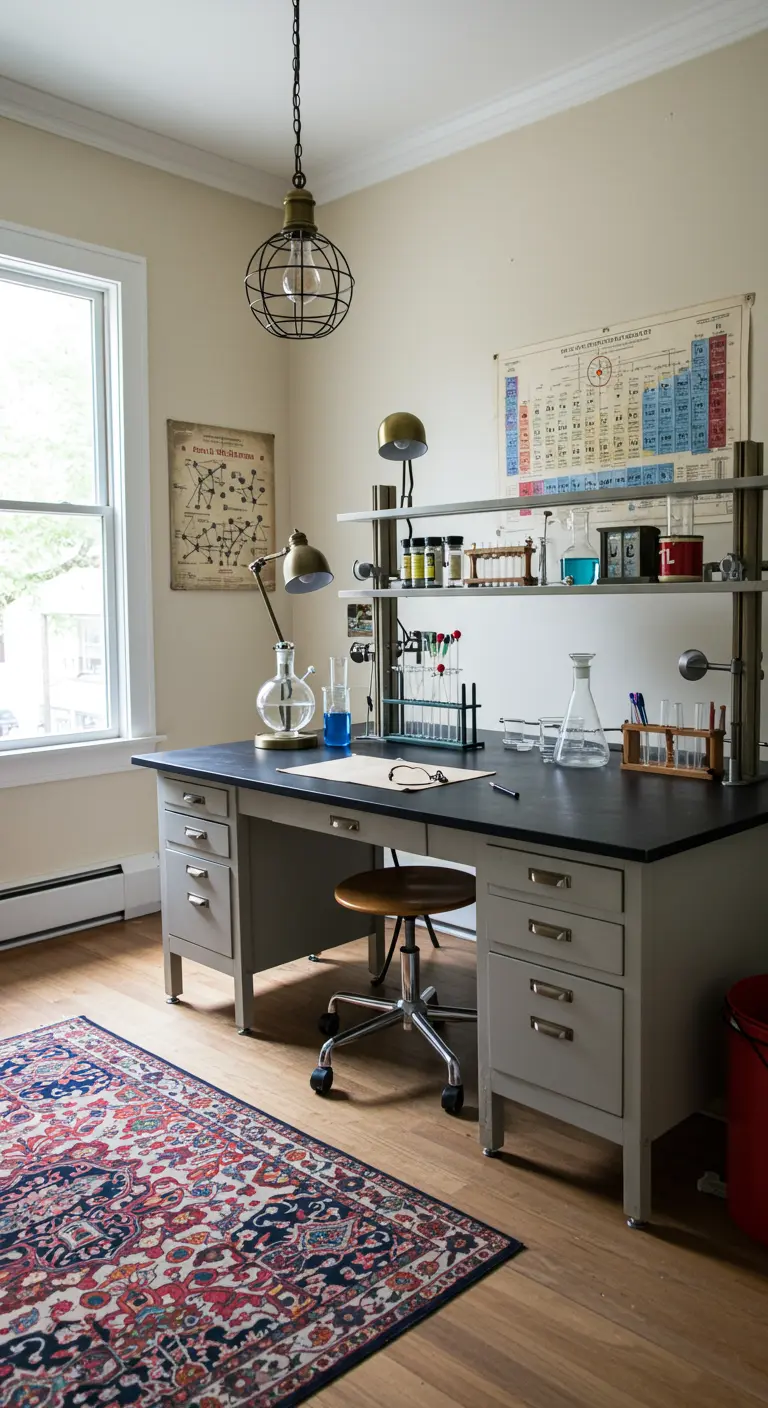 Bureau de style laboratoire scientifique avec de la verrerie ancienne et des affiches pédagogiques.