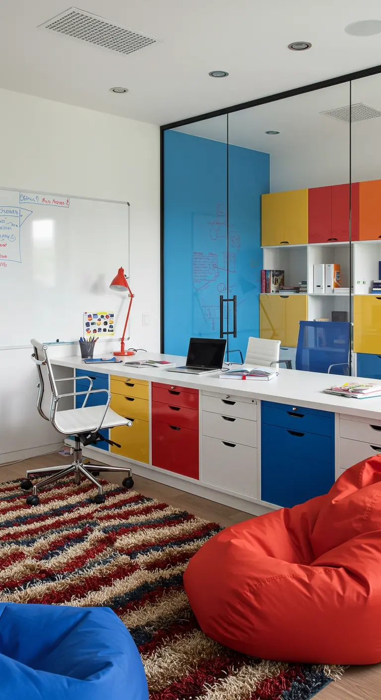 Bureau coloré avec des tiroirs de couleurs primaires et des poufs géants.