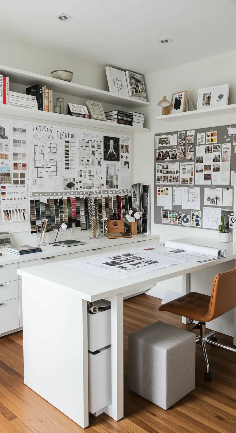 Bureau d'architecte d'intérieur avec murs couverts d'échantillons et de plans.