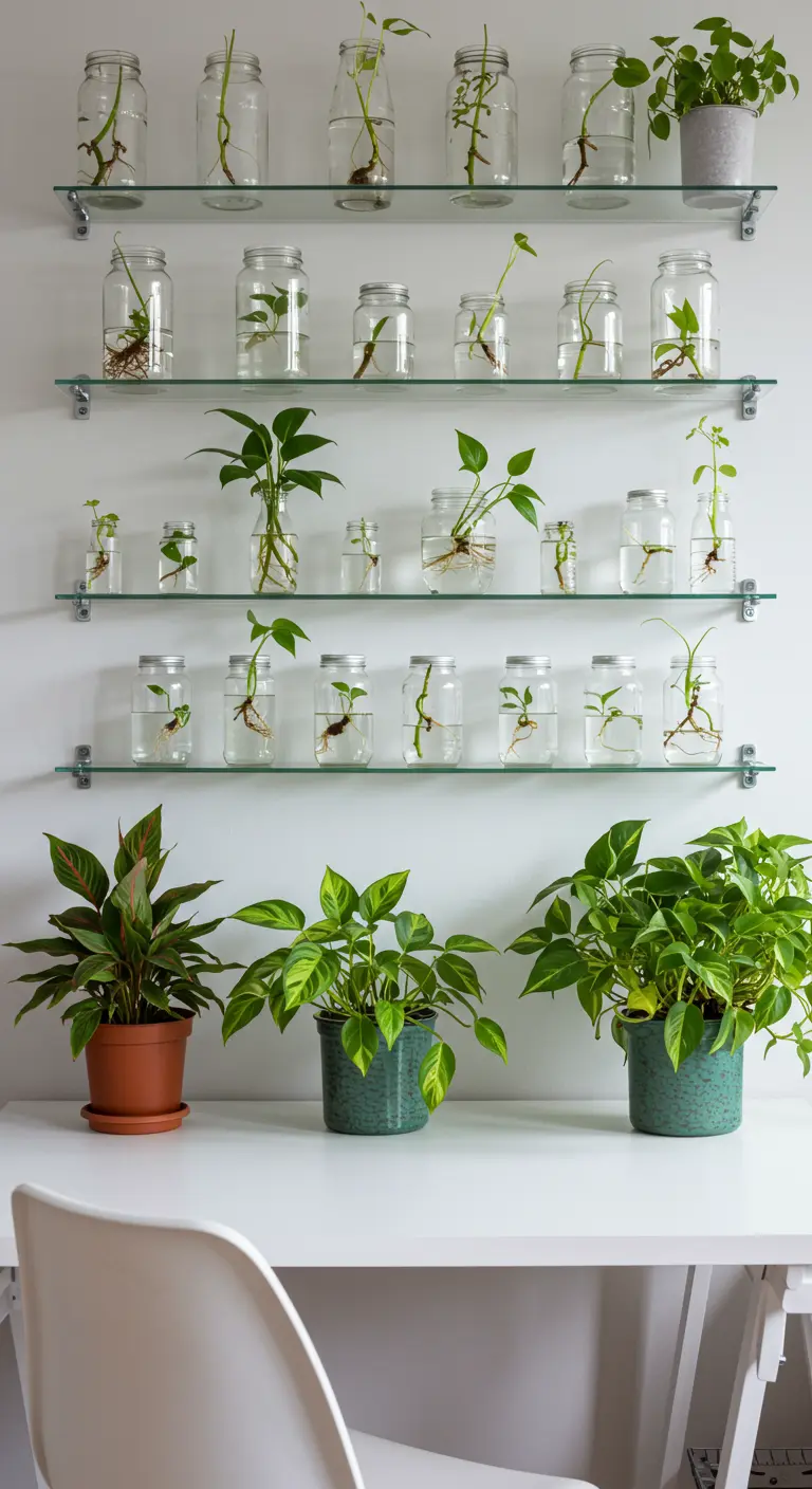Étagères en verre au-dessus d'un bureau, remplies de bocaux avec des boutures de plantes.