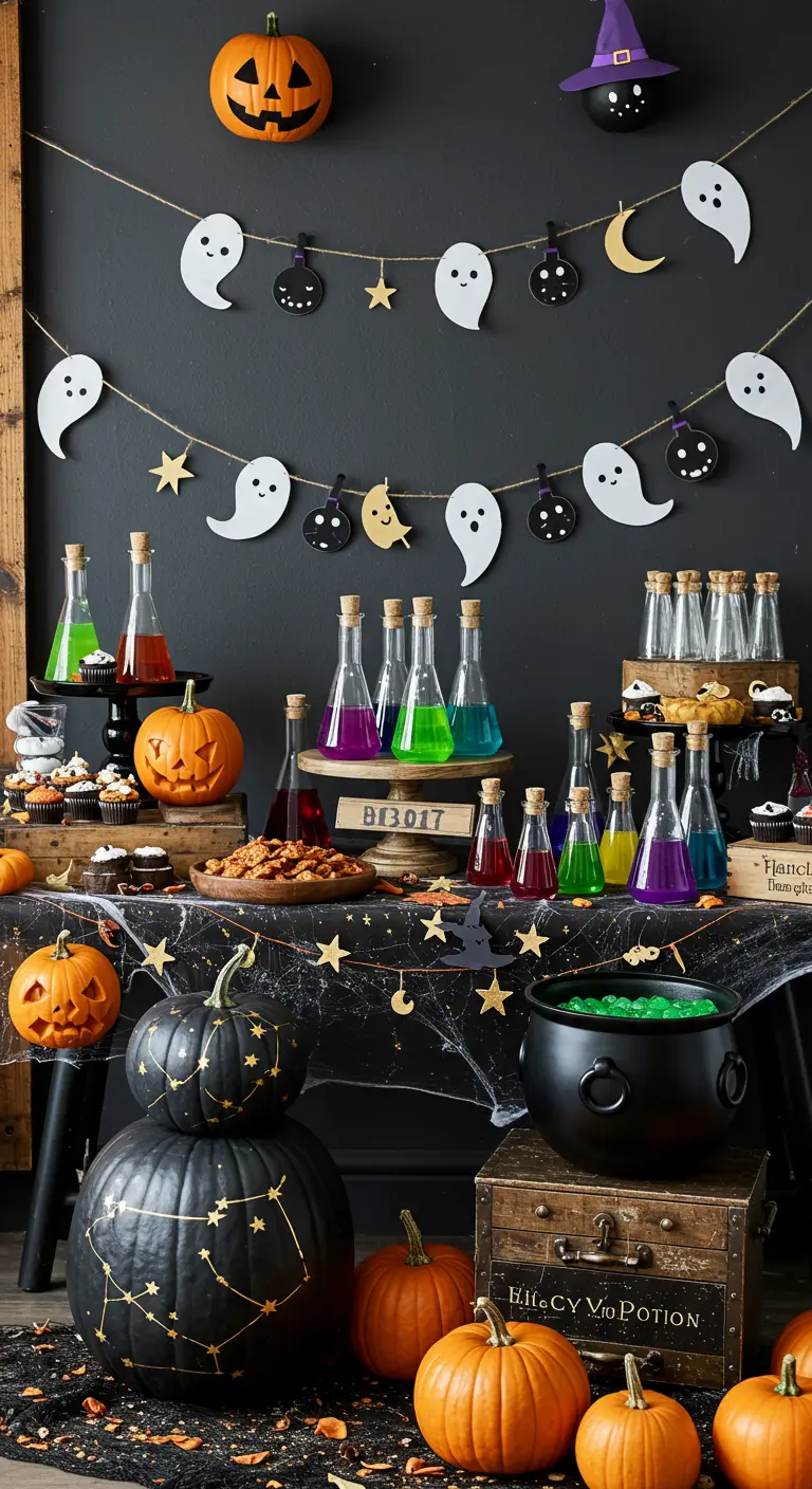 Buffet d'Halloween sur le thème du laboratoire de sorcière avec des potions et des citrouilles.