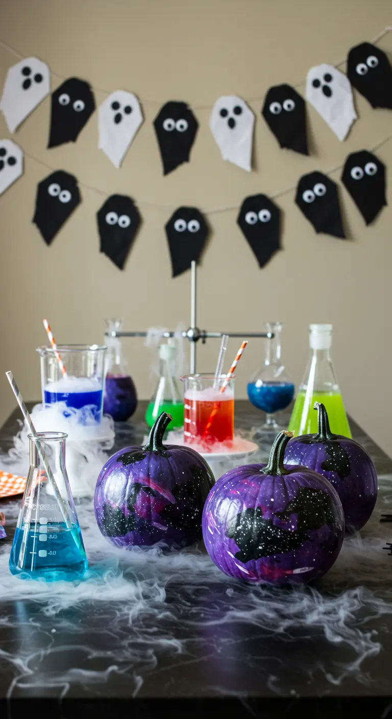 Décor de laboratoire de savant fou avec des citrouilles peintes en galaxie.