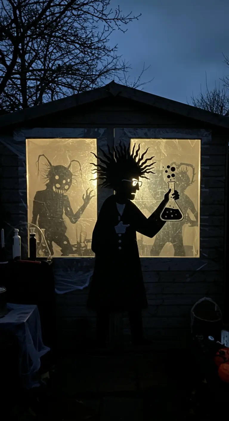 Silhouette d'un savant fou et d'un monstre derrière les fenêtres illuminées d'une cabane.