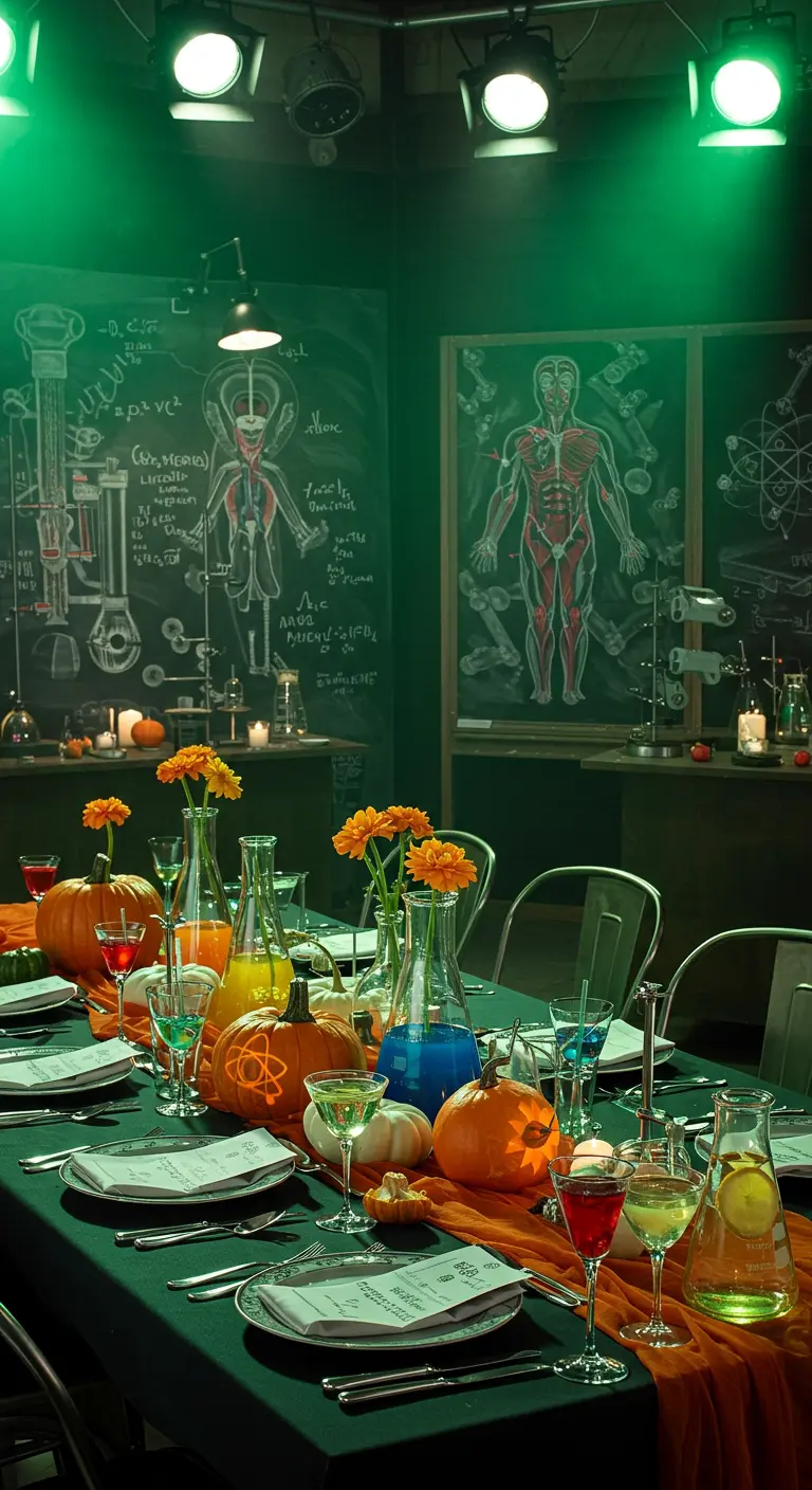 Table de fête sur le thème du laboratoire de savant fou, avec verrerie de chimie.