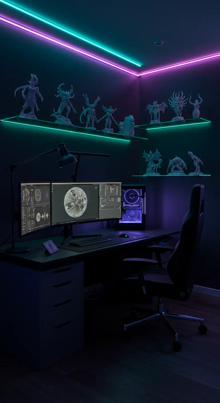 Bureau de modélisation 3D avec des étagères éclairées par des néons où sont exposées des figurines.