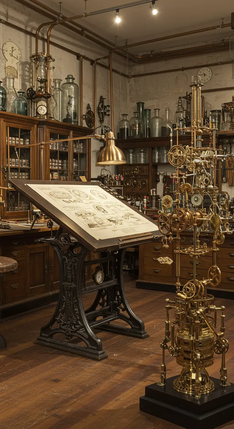 Atelier d'inventeur de style Steampunk rempli de mécanismes en laiton, de verrerie et de tuyaux.