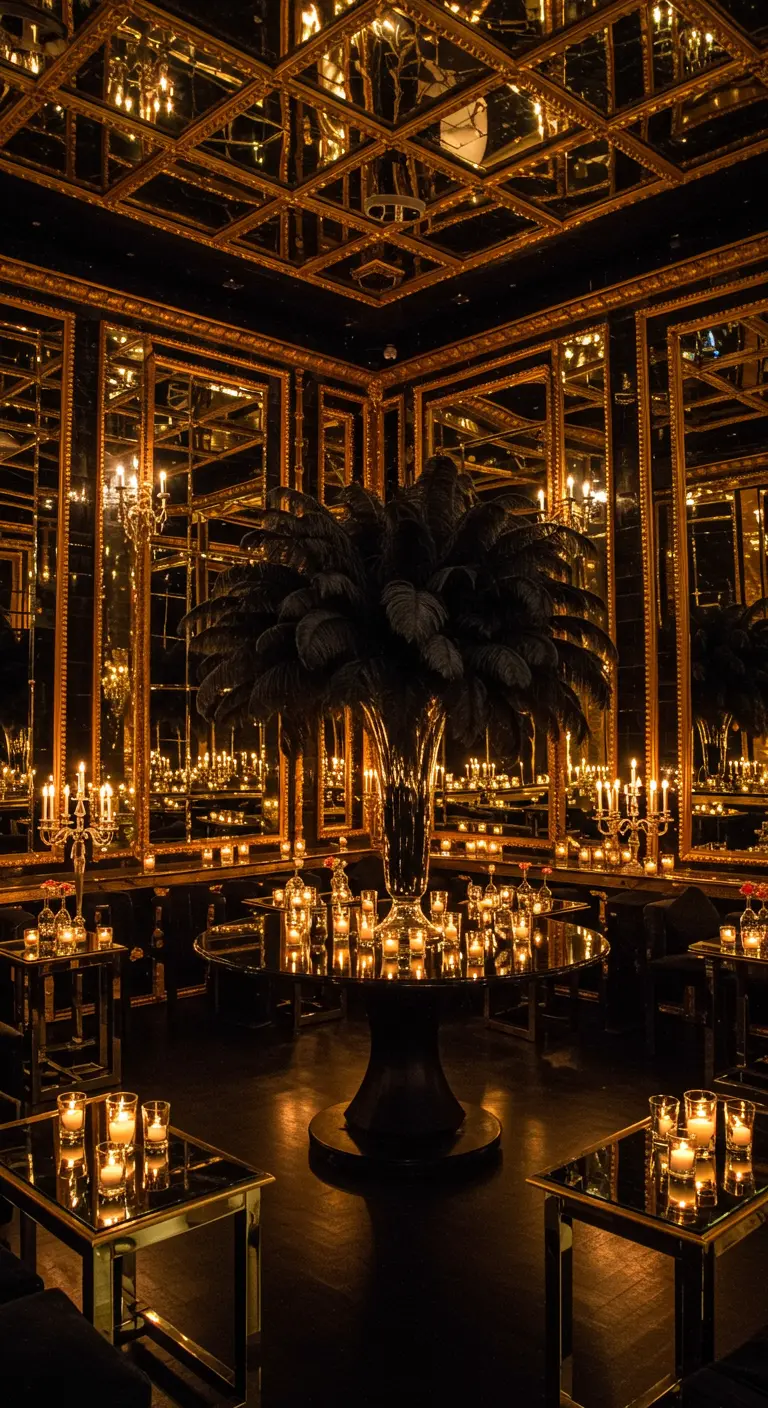 Pièce sombre remplie de miroirs et de bougies créant des reflets infinis.