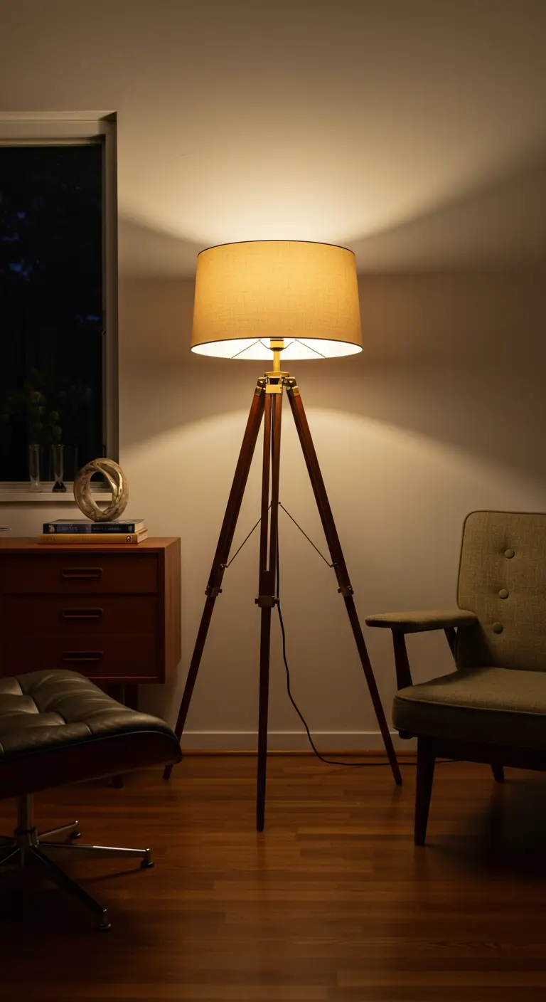 Un lampadaire sur trépied en bois avec un grand abat-jour en tissu.