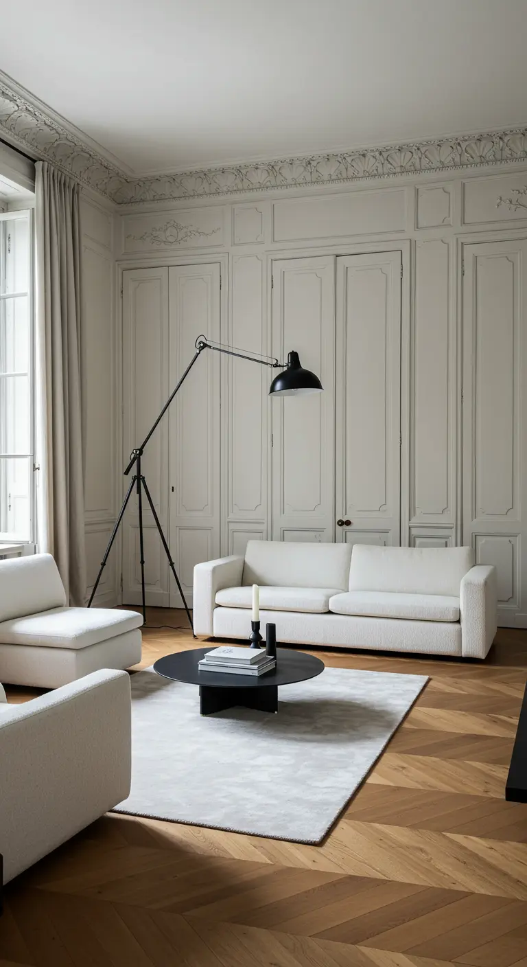 Salon haussmannien avec un grand lampadaire noir de type projecteur sur trépied.