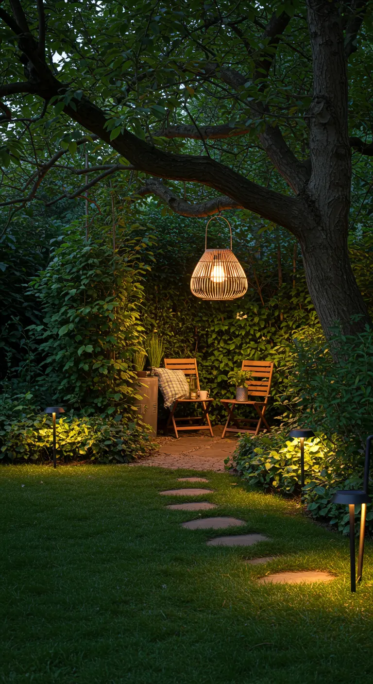Coin salon de jardin intime sous un arbre, avec une grande lanterne en bambou suspendue.