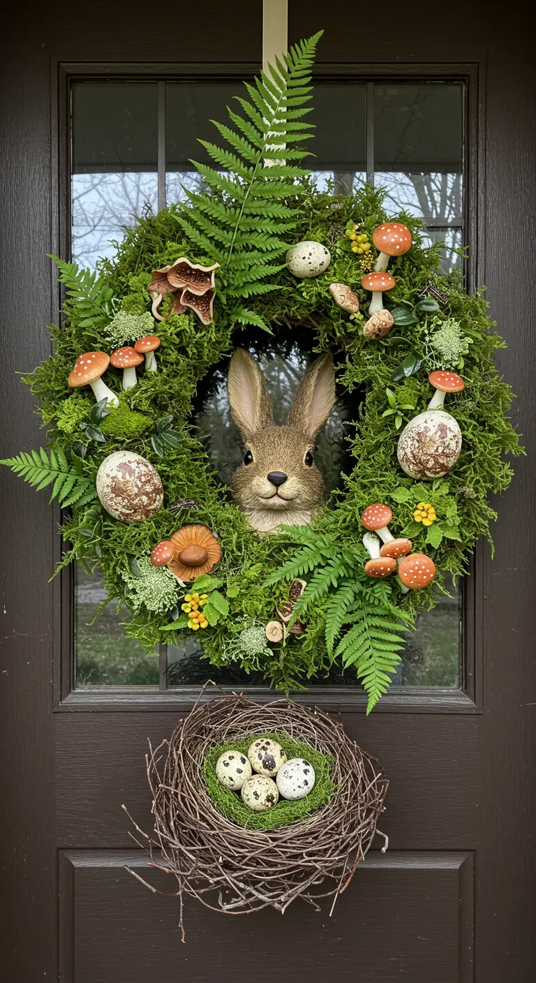 Couronne de mousse avec un lapin réaliste, des fougères et champignons.