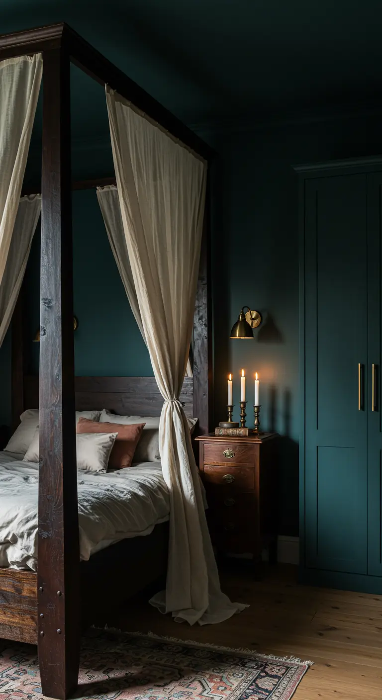 Lit à baldaquin en bois sombre avec voilages clairs dans une chambre vert foncé.