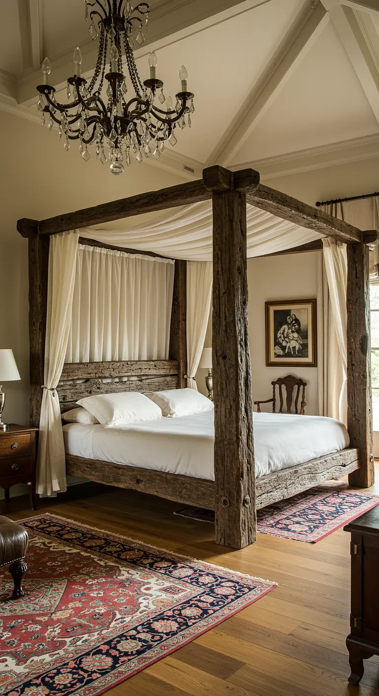 Lit à baldaquin massif fait de grosses poutres en bois brut, avec une tête de lit intégrée.