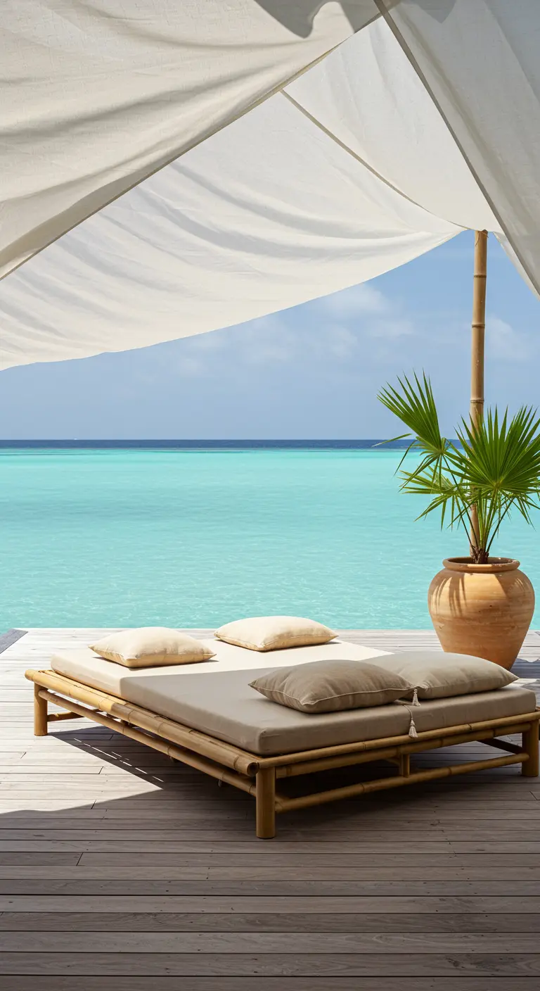 Lit de jour en bambou avec parasol sur une terrasse en bois, face à la mer turquoise, avec un palmier en pot.