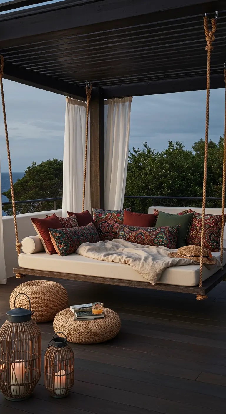 Grande terrasse avec un lit de jour suspendu couvert de coussins à motifs.