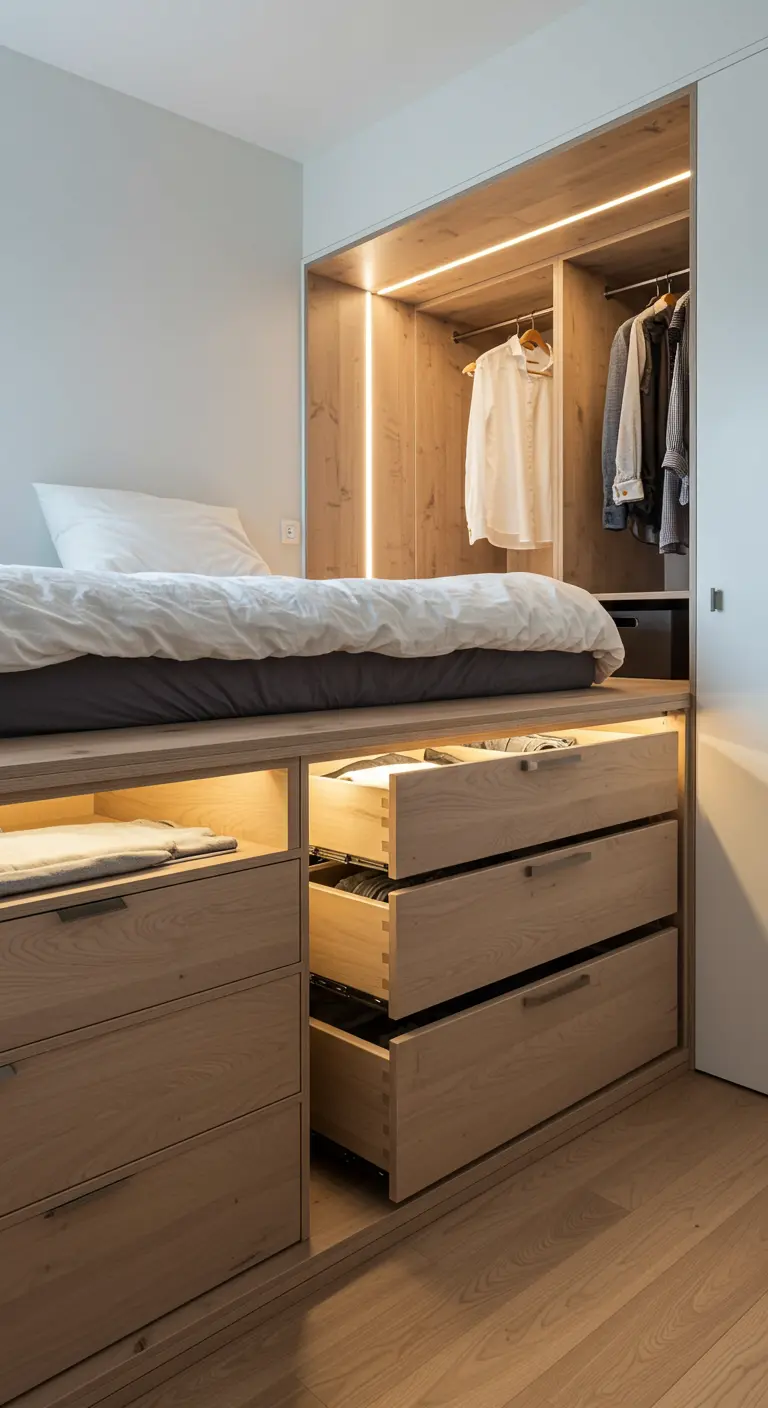 Lit sur une estrade en bois avec de grands tiroirs de rangement coulissants en dessous.