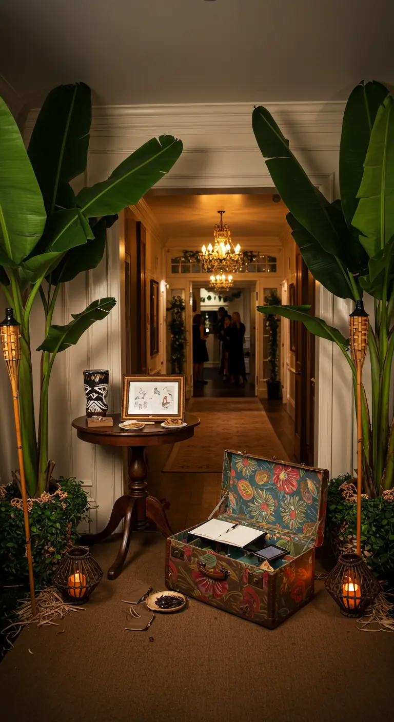 Hall d'entrée avec une valise ouverte servant de livre d'or, entourée de plantes.