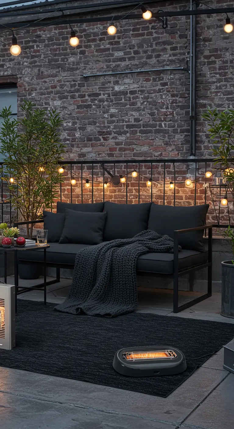 Terrasse industrielle avec canapé noir, mur de briques et chauffage au sol.