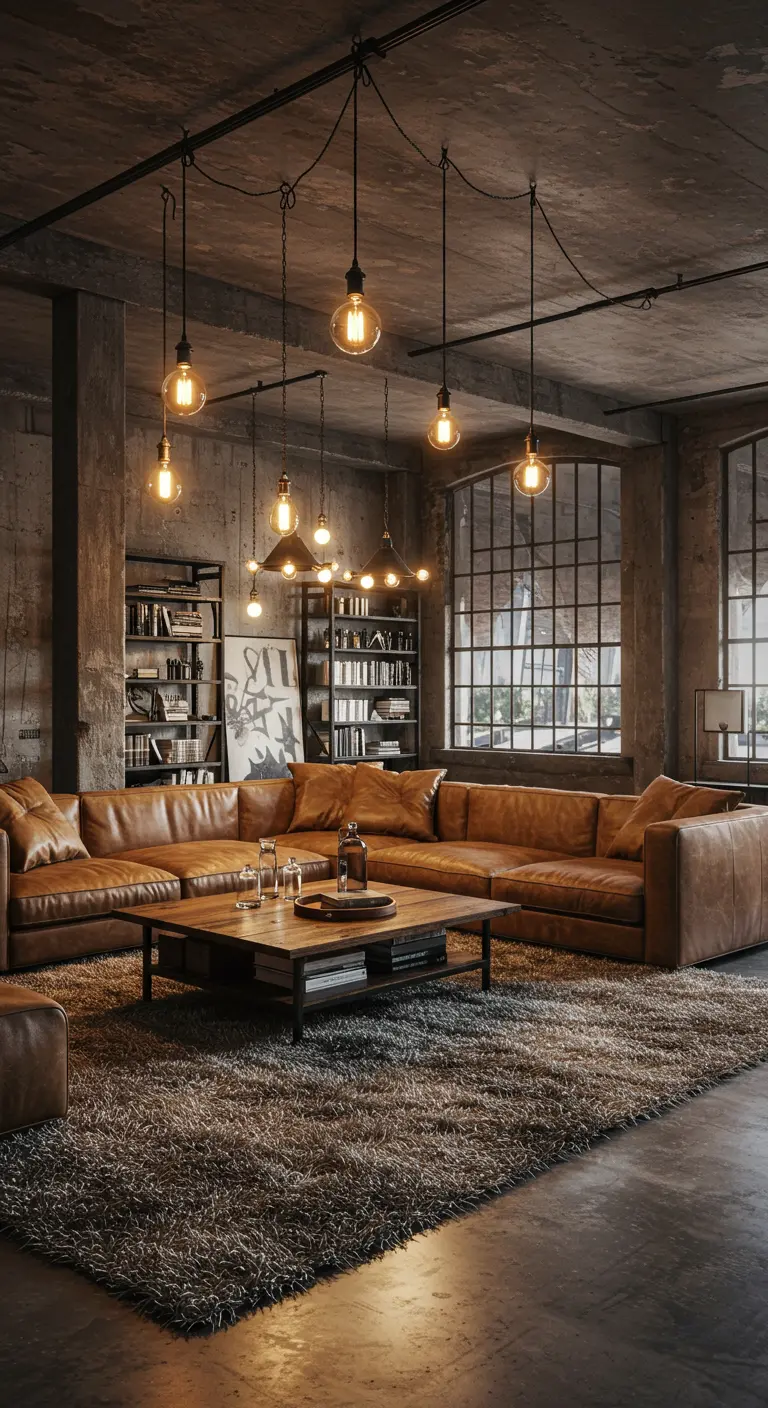 Salon de style industriel avec canapé en cuir et murs en béton.