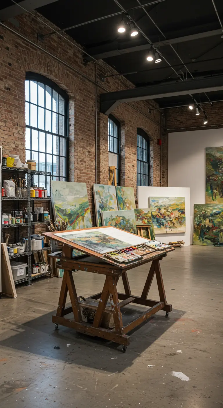Atelier de peinture spacieux dans un loft avec murs en briques et une table à dessin centrale.