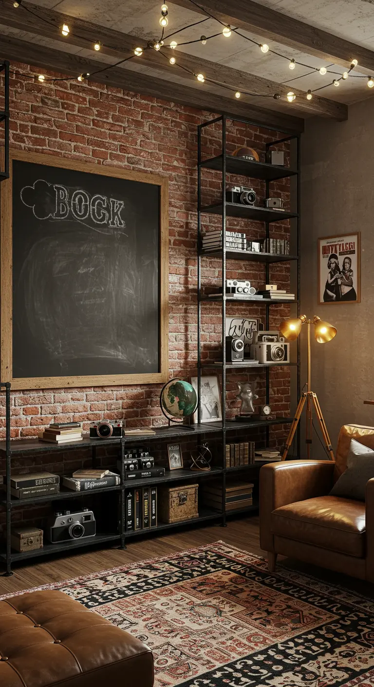 Chambre de style industriel avec mur de briques, grand tableau noir et étagères métalliques.