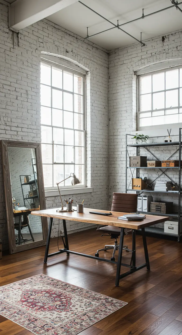 Bureau de style industriel dans un loft avec un mur de briques et un grand miroir.