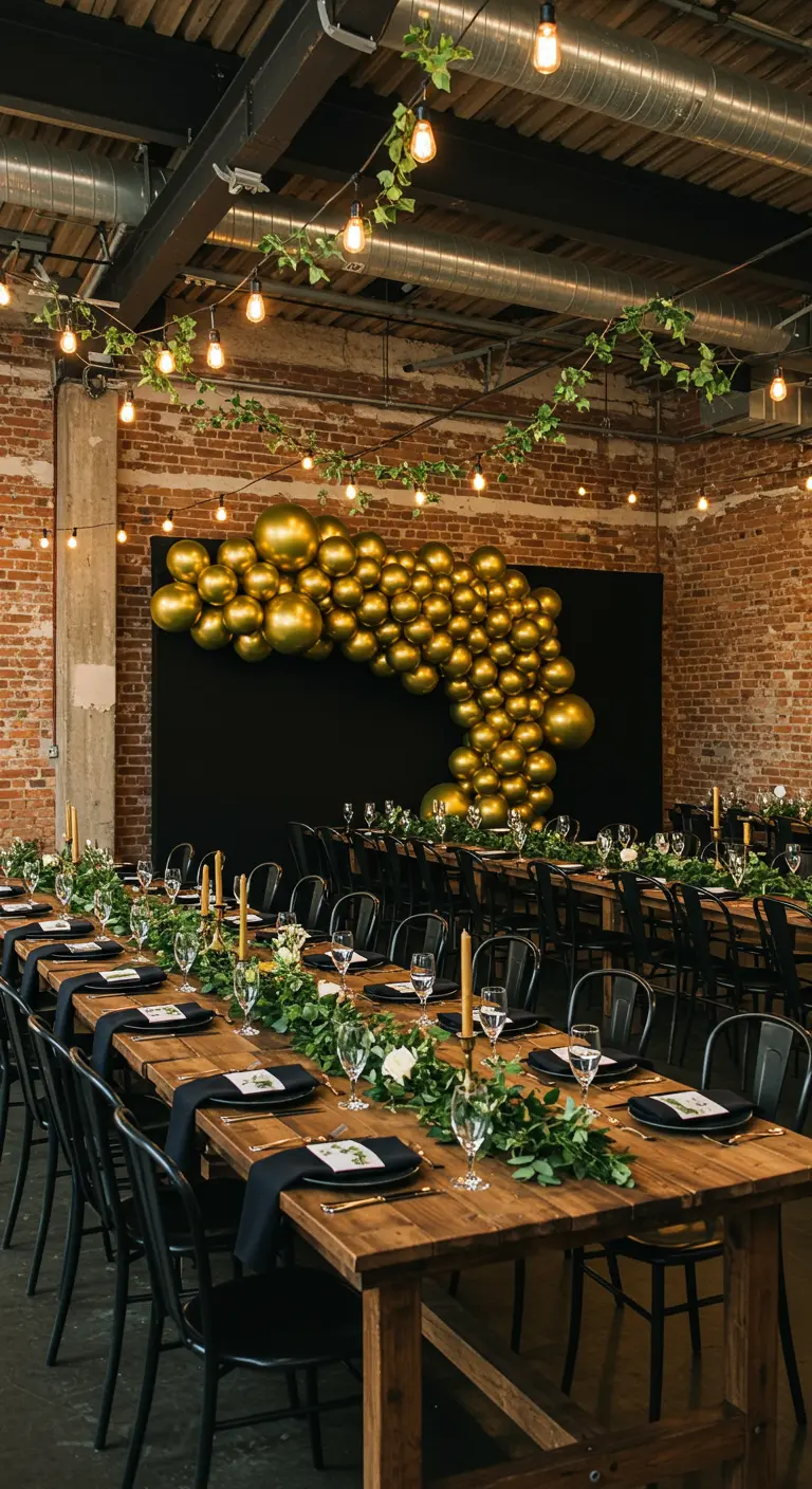 Table de réception dans un loft industriel avec mur de briques et arche de ballons dorés.