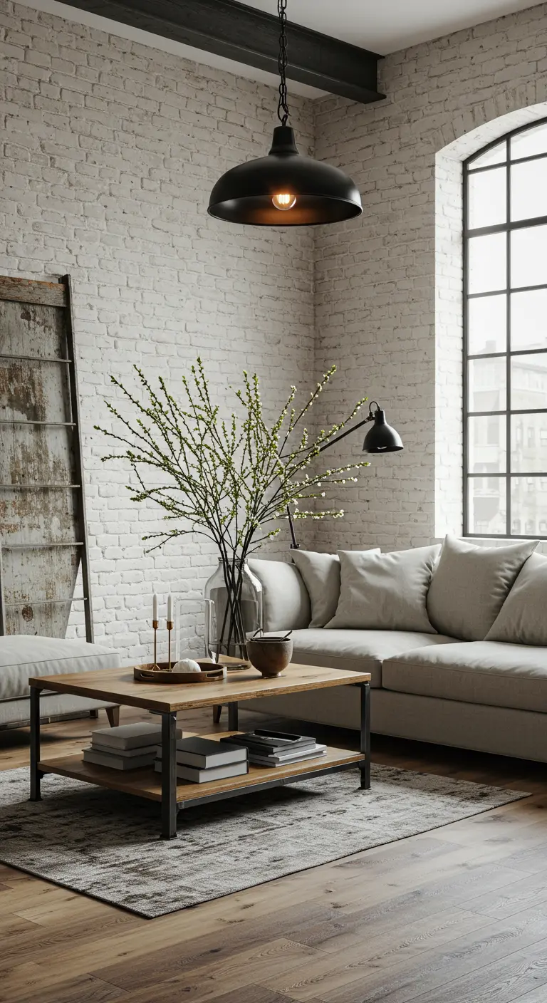 Salon de style industriel avec mur de briques blanches et grandes branches fleuries
