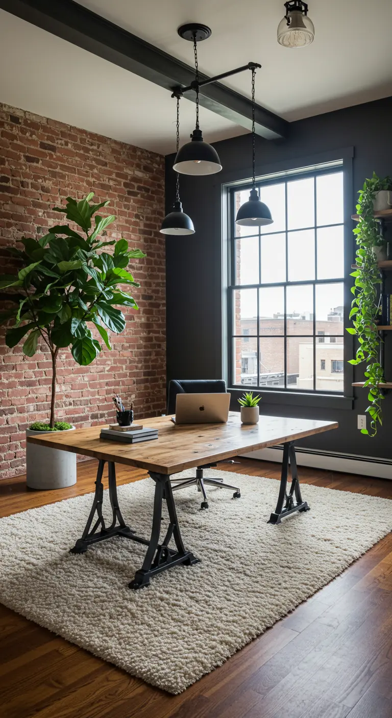 Bureau industriel avec mur de briques, tapis shaggy et grande plante verte.