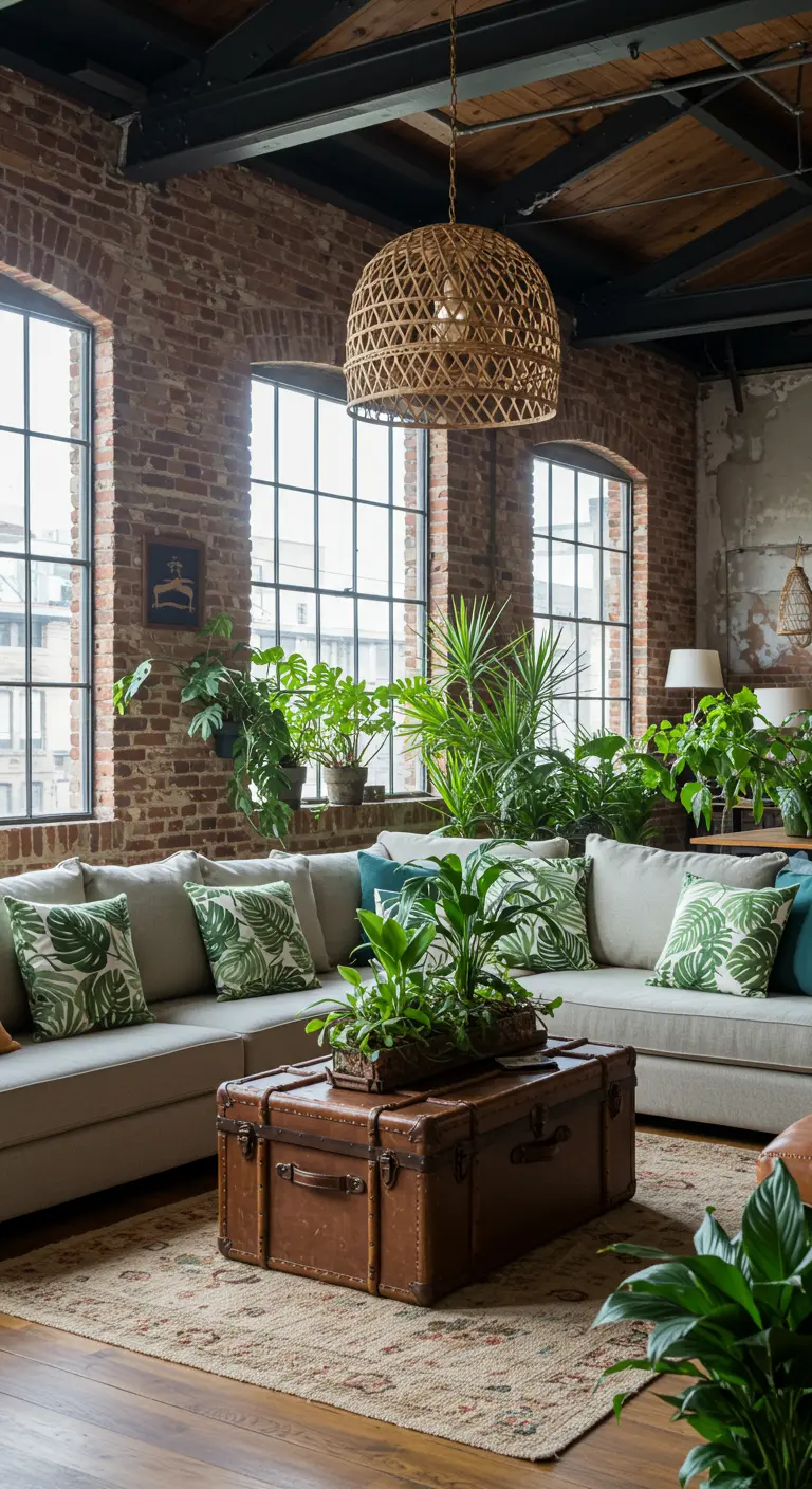 Salon de style loft avec mur de briques, canapé d'angle et une profusion de plantes vertes.
