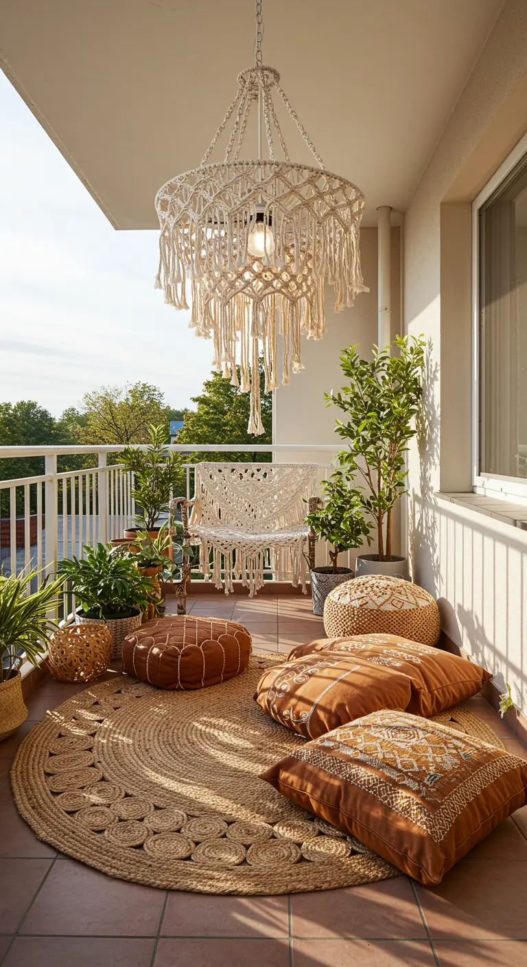 Grand lustre en macramé suspendu sur un balcon de style bohème avec des poufs au sol.