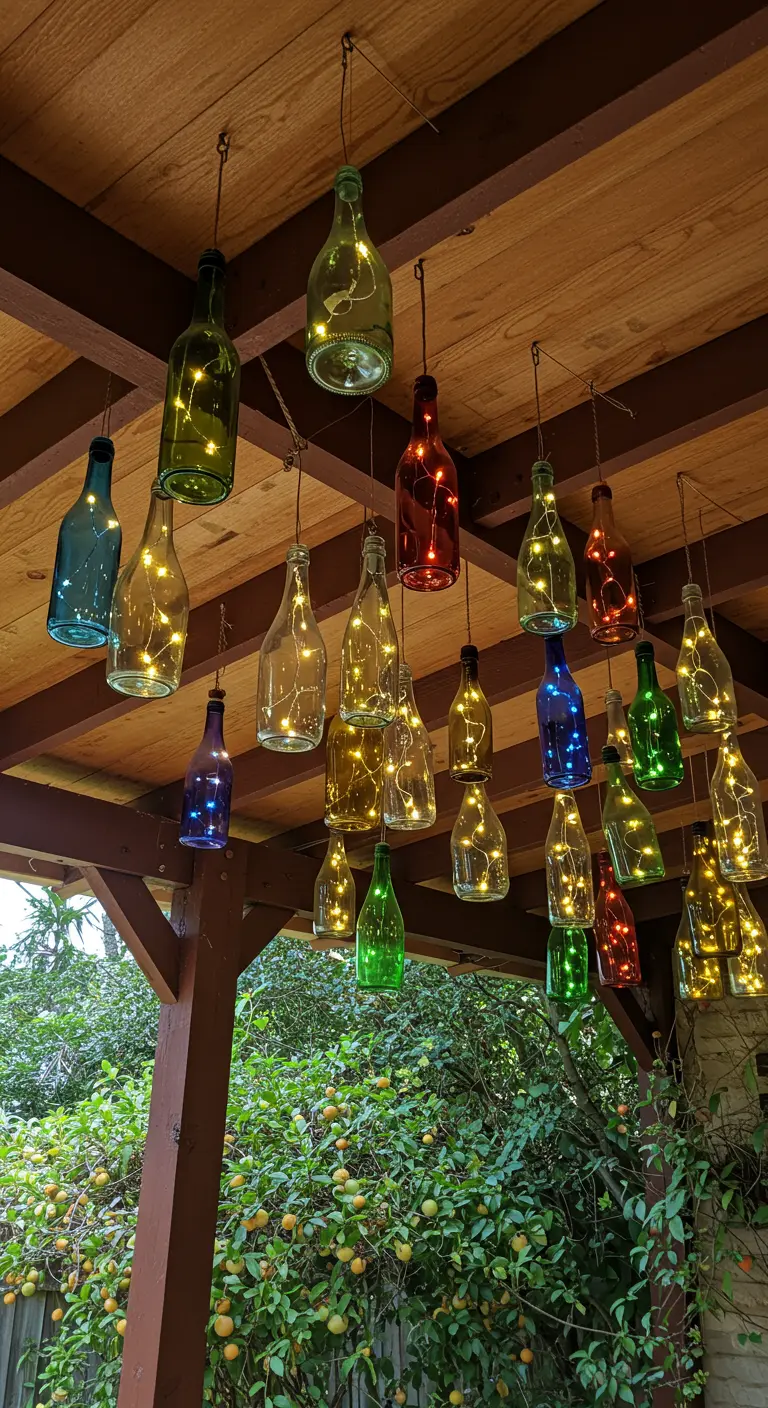 Des bouteilles en verre de différentes couleurs suspendues, chacune contenant une guirlande lumineuse.