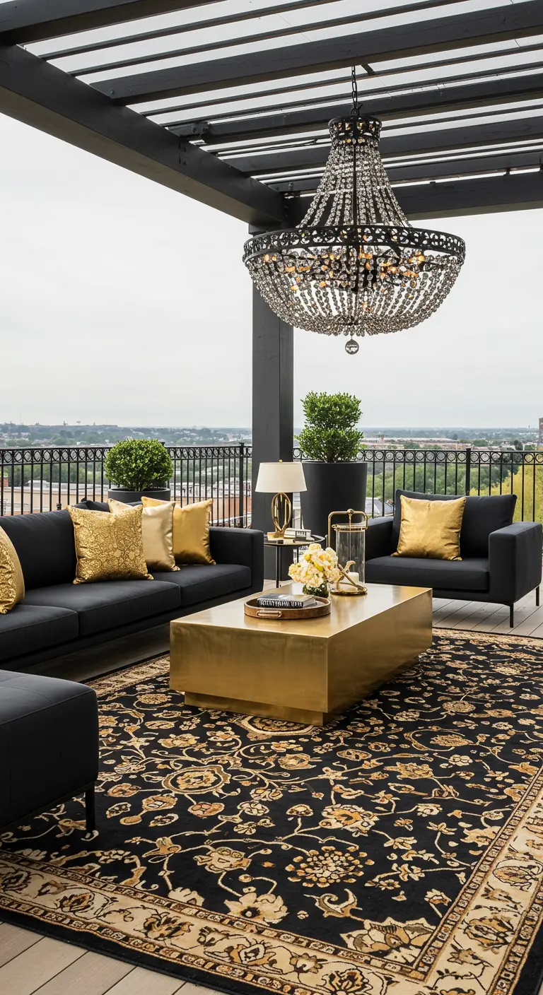 Terrasse de luxe avec un grand lustre, salon noir, table basse dorée et tapis oriental.
