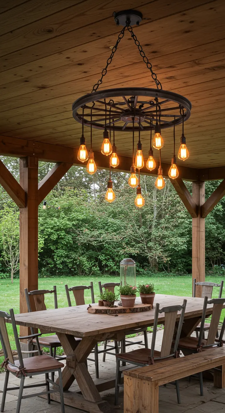 Lustre fabriqué à partir d'une roue de chariot avec des ampoules Edison dans un pavillon en bois.