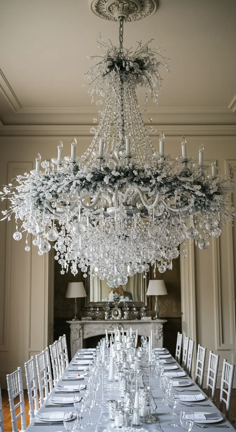 Lustre en cristal décoré de branches enneigées au-dessus d'une table.