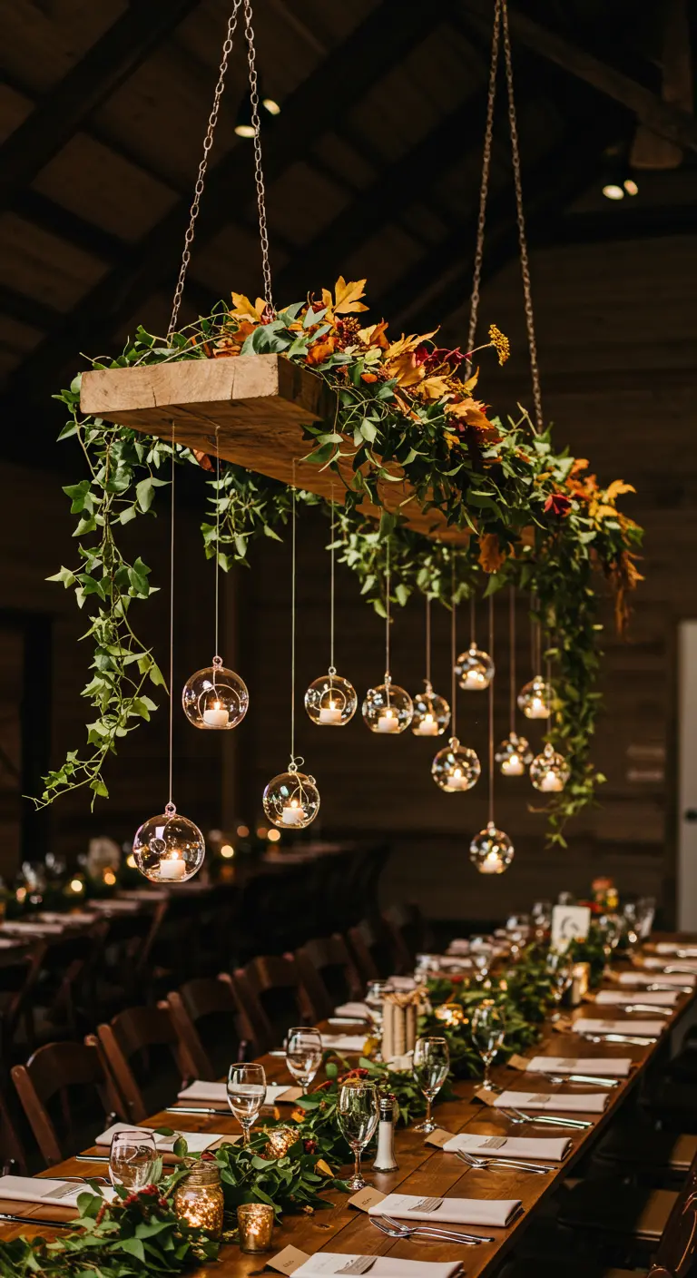 Structure en bois suspendue décorée de feuillage et de bougies au-dessus d'une table.
