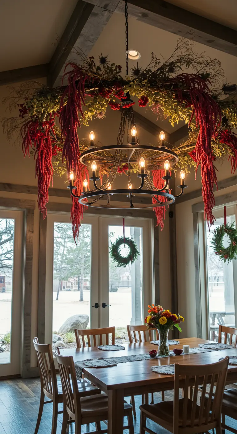 Lustre en fer forgé abondamment décoré de feuillage et de cascades de fleurs séchées rouges.