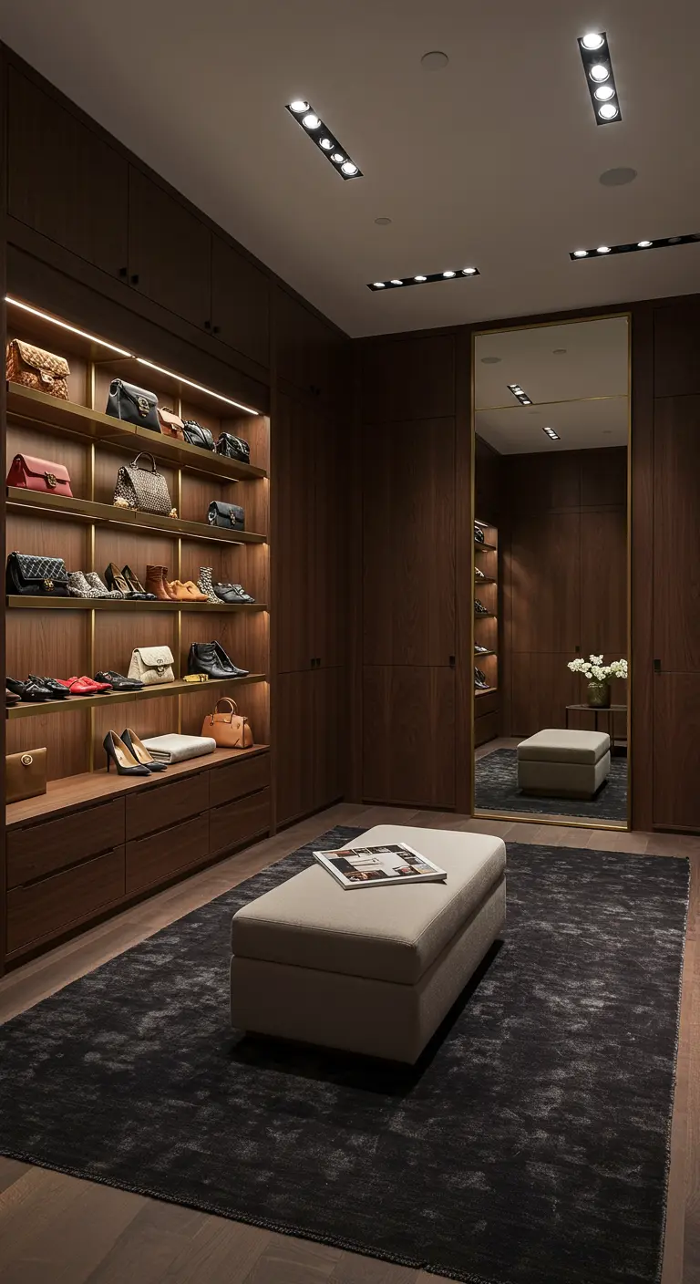 Dressing en noyer luxueux avec étagères illuminées, grand miroir et pouf central matelassé.