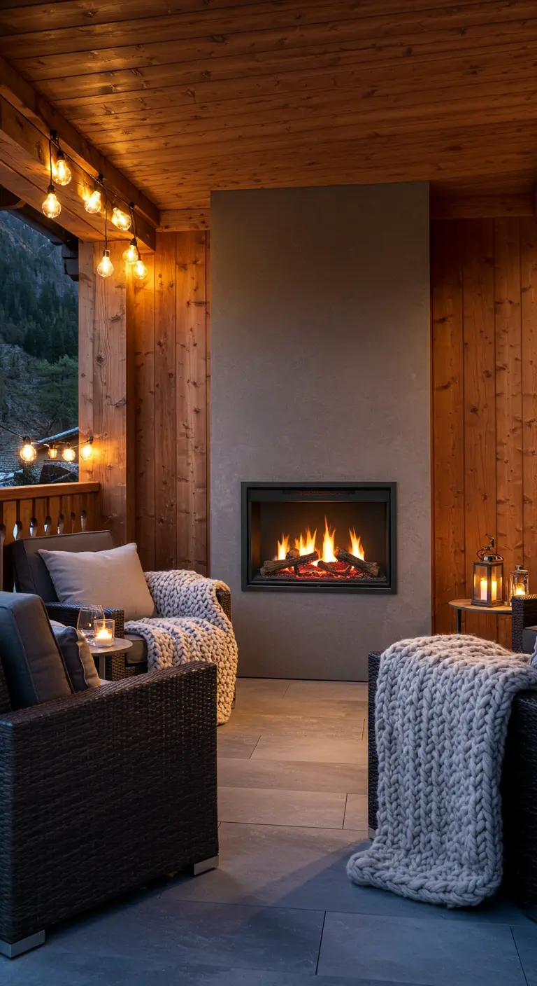 Terrasse couverte avec cheminée extérieure, fauteuils confortables et plaids épais.