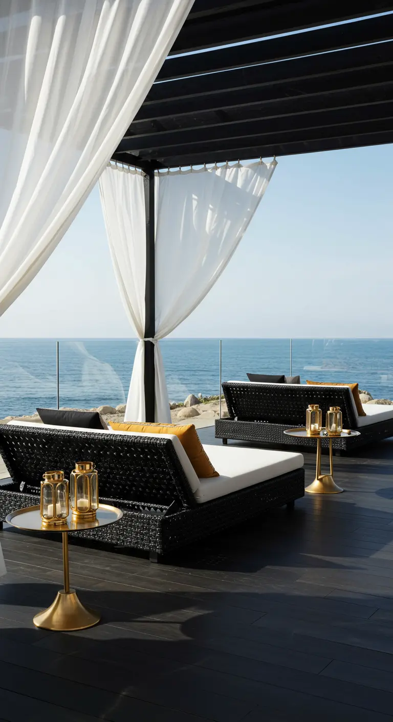 Terrasse face à l'océan avec chaises longues noires et blanches, rideaux et tables dorées.