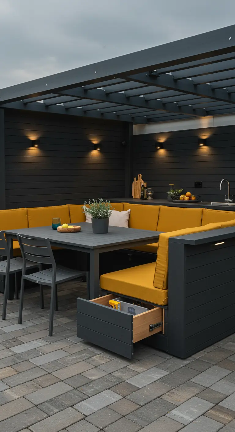 Banquette intégrée de cuisine extérieure anthracite avec coussins moutarde et tiroir de rangement.