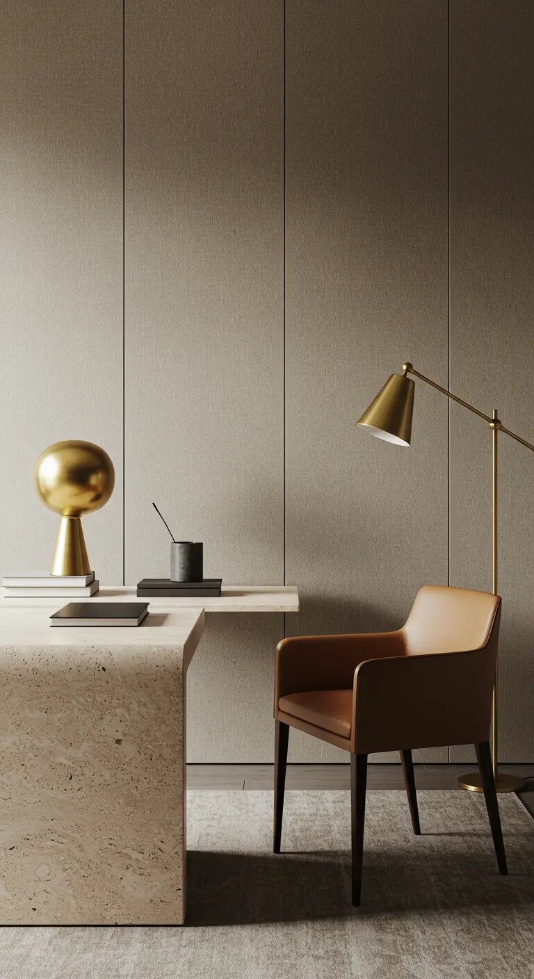 Bureau sculptural en travertin avec une chaise en cuir et des accents en laiton.