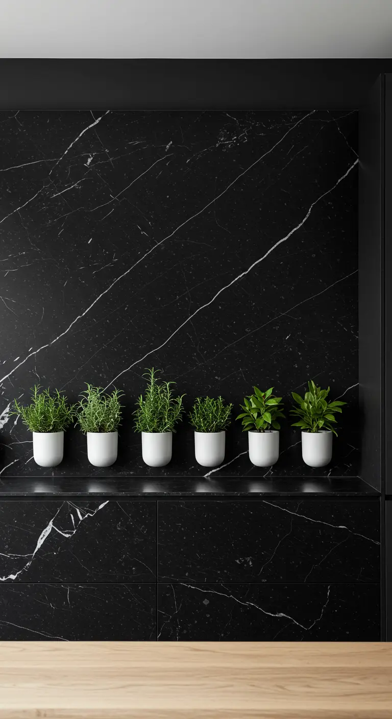 Six pots blancs alignés avec herbes vertes sur un somptueux dosseret en marbre noir.