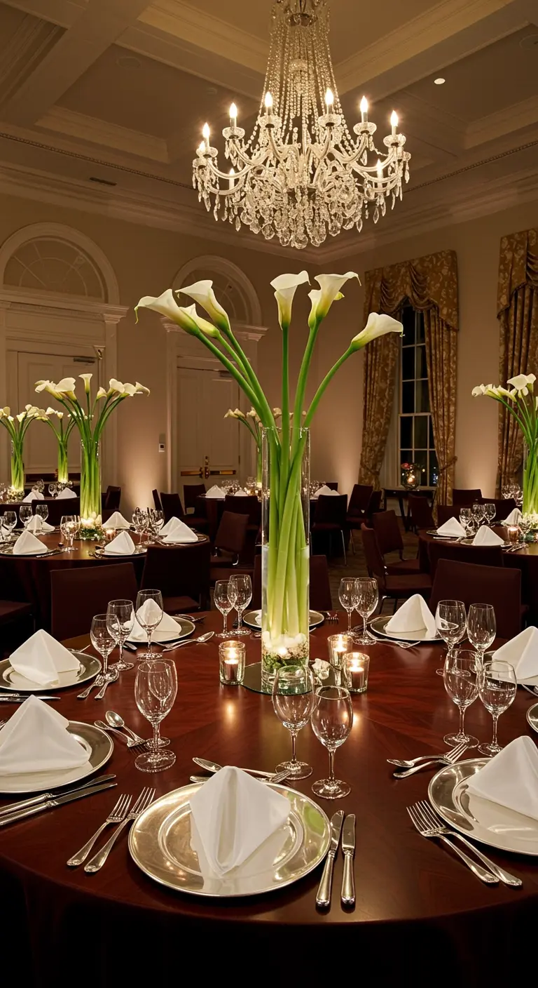 Table de réception élégante avec des serviettes blanches pliées en forme de lys calla.