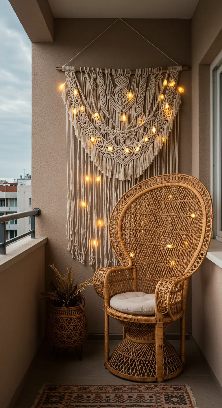 Une grande tenture en macramé accrochée au mur, avec une guirlande lumineuse tissée dedans.