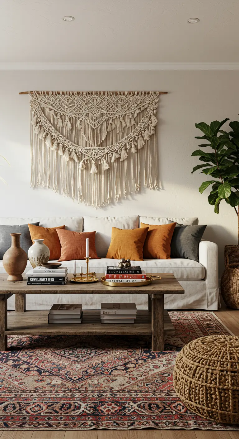 Grand macramé mural accroché au-dessus d'un canapé blanc avec des coussins colorés.