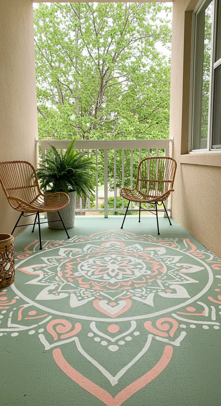 Sol de balcon en béton peint avec un grand motif de mandala vert, rose et blanc.