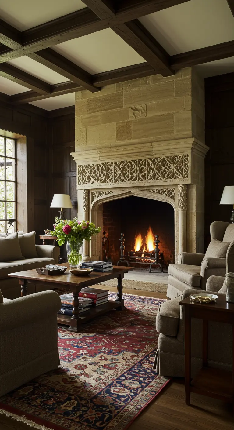 Salon traditionnel avec boiseries sombres et cheminée en pierre richement sculptée.