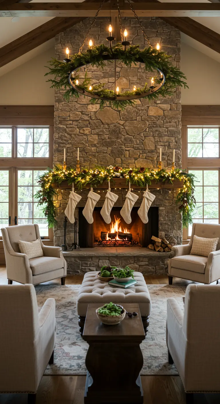 Cheminée en pierre décorée de guirlandes lumineuses et de chaussettes de Noël.
