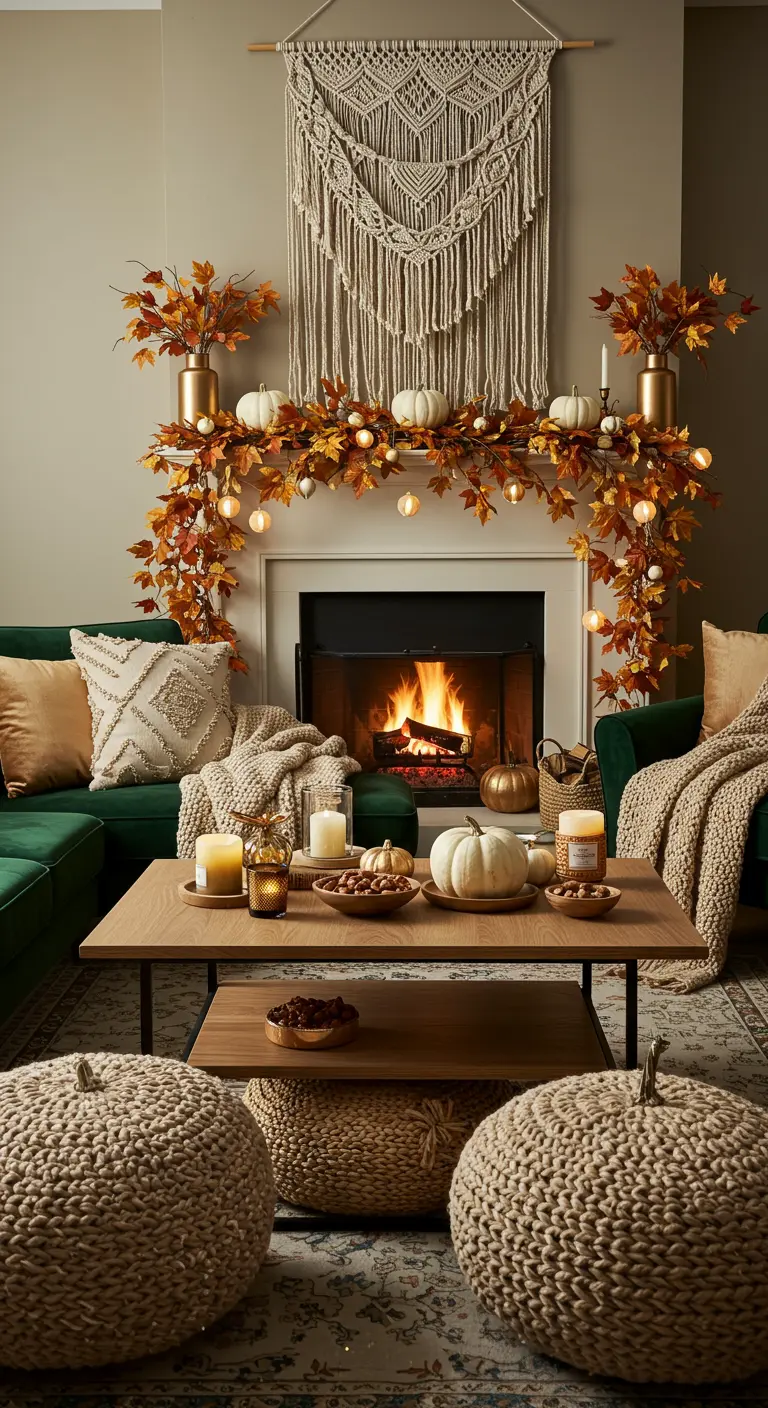 Salon cosy avec cheminée décorée d'une guirlande d'automne et de citrouilles.
